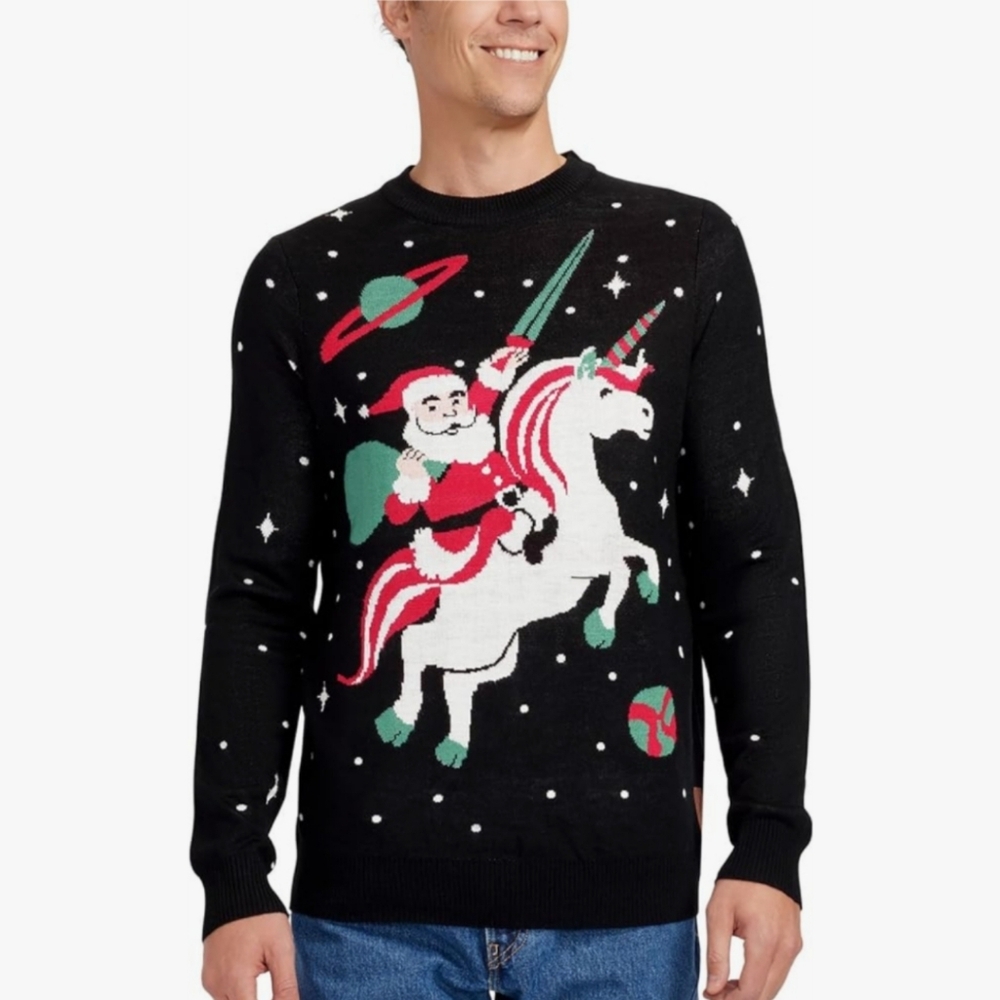 Tipsy Elves Ugly Christmas Sweater Santa Unicorn Space Mens Large Black Holiday